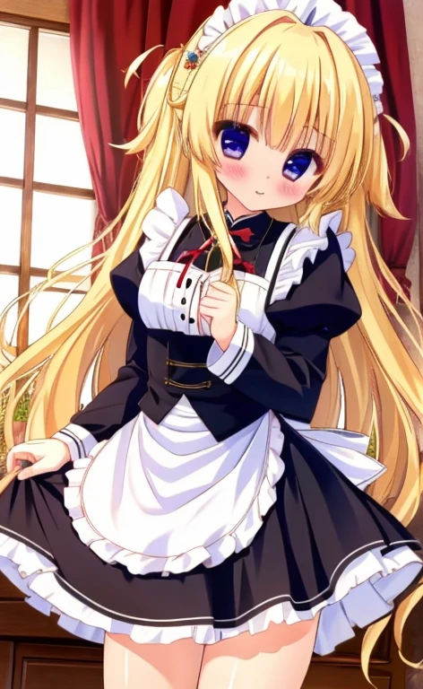 Beautiful long blonde　Embarrassing　Girl in black maid outfit　Long sleeve　Long skirt　Cowgirl handholding　1boy　1girl　penis