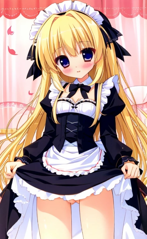 Beautiful long blonde Embarrassing Girl in black maid outfit Long sleeve Long skirt Cowgirl handholding 1boy 1girl penis