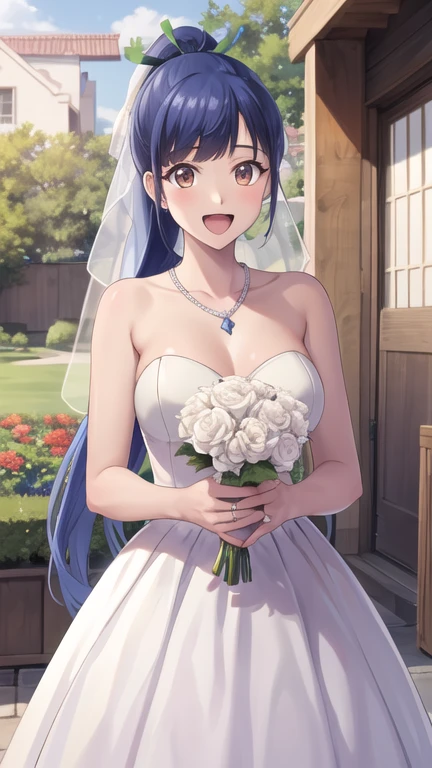 masterpiece, best quality, highres, 1girl, solo, long hair, blue hair, ponytail, hair ribbon, brown eyes, wedding dress, white dress, strapless, necklace, garden, holding bouquet, smile, open mouth, standing, cowboy shot, confetti,