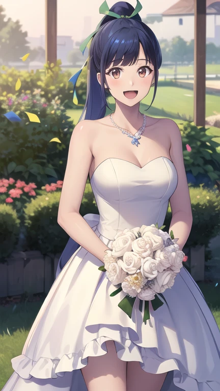 masterpiece, best quality, highres, 1girl, solo, long hair, blue hair, ponytail, hair ribbon, brown eyes, wedding dress, white dress, strapless, necklace, garden, holding bouquet, smile, open mouth, standing, cowboy shot, confetti,