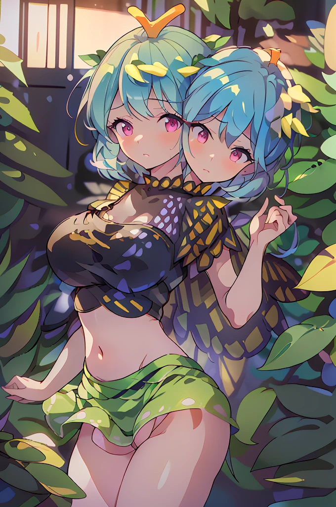 (masterpiece, best quality), best quality, (ultra-detailed), (3heads:1.5), 1girl, (eternity larva:1.3), masterpiece, best quality, ultra quality, ultra resolution, black top, crop top, ((stomach)), midriff, ((groin)), light green skirt, normal ears, shackles, short light hair, very long hair, wavy hair, peach-colored eyes, very detailed eyes, parted lips, single horn, sweat, cute, toned belly, hand on own chest, eyelashes, (25 year old woman:1.3), (masterpiece:1.5), (best quality:1.5), (beautiful detailed), extremely detailed CG, extremely delicate and beautiful, depth of field, (finely detailed face), (perfect details:1.3), (mature female:1.3), wide pelvis, slender, large veiny breast, 16k resolution, highres, high quality, high definition, extremely detailed, masterpiece, short light blue hair, long hair, alluring presence, braid, short skirt, close up, big tits, young, black and yellow wings, spotted with bits of blue and purple,