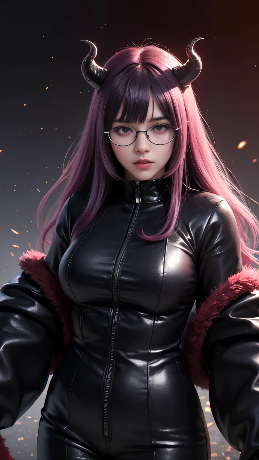 background(Black Night Sky,Big Moon),Close-up of a woman,Wearing a white shirt、Purple Hair,Very long hair,very thick braids,Purple eyes,big 、((((Glasses))))、realistic girl rendering, 8k artistic german bokeh, Enchanting girl, Realistic girl, Gurwitz, Gurwitz-style artwork, Girl Roleplay, Realistic 3D style, cgstation Popular Topics,, 8K Portrait Rendering,(truth,truth:1.4),Wear pink pajamas,巨big ,Sparkling eyes,Purple eyes、(highest quality,4K,8k,High resolution,masterpiece:1.2),Very detailed,(Realistic,photoRealistic,photo-Realistic:1.37),Mythical monster,Beast-like creature,Muscular,Six big legs,Stand like a gorilla,Red fur covering the body,two big horns,Drill teeth,Sharp Claws,Huge shape,Burning Fire Magic,Energy aura,A threatening presence,Glowing Eyes,Intimidating posture,dark environment,Smoke-filled air,Ominous Shadow,Majestic and fierce,Explosive power,Vibrant colors,bold,Horror art style,mobile composition,Dramatic lighting,Rib Layer,large sharp teeth,Sharp Edges,Very detailedスケール,Burning Crack,Burning Flames,Furious look,Burning with anger,Surrounded by sparks and embers), Scared, dark, spooky, Underwater mist liquid swirl cavity, highest quality, Front view, Satanic, 18 year old asian girl、Liu Wen, Shaved eyebrows, With big black ram horn, , A large snake with slimy tentacles wrapped around its shoulders. ムーディーでDramatic lighting, that's it, storm, lightning, Smoke and Fog Environment, Fuzzy smoke background, Wide-angle shot, Wide-angle shot, elevation, Extreme angle shot, Vignette, 非Realisticな悪夢,