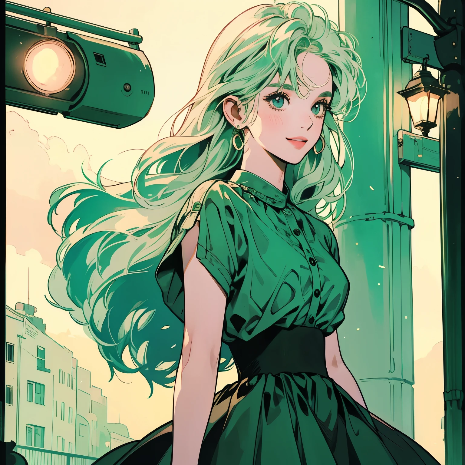 whole body、Kind Face、1 pretty woman、Short sleeve、skirt、stage、Street lamp 、Complex background、smile、Pale green hair、Faint lighting