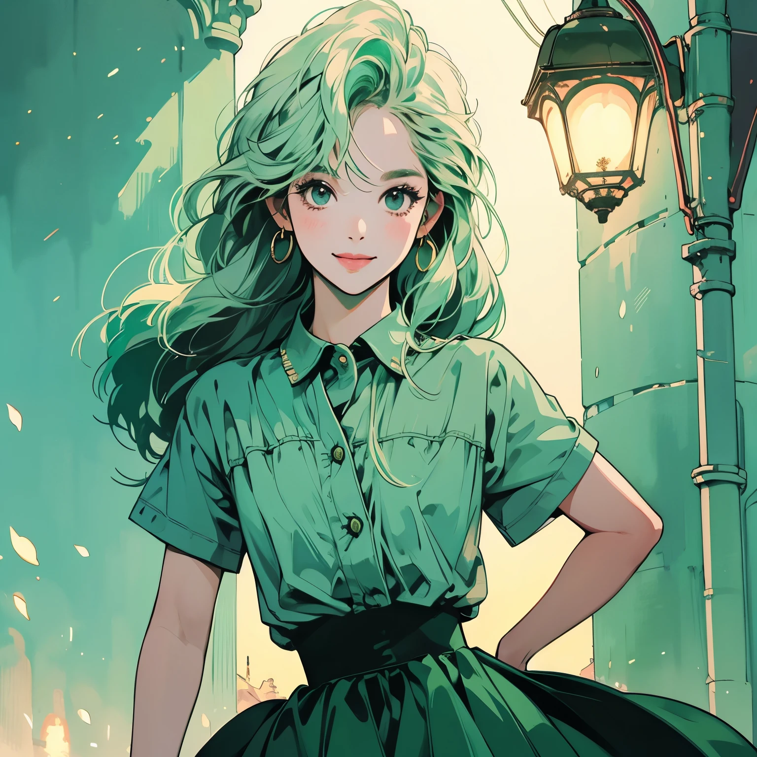 whole body、Kind Face、1 pretty woman、Short sleeve、skirt、stage、Street lamp 、Complex background、smile、Pale green hair、Faint lighting