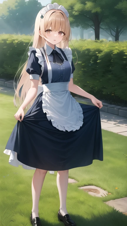 masterpiece, best quality, highres, aamahiru, long hair, small breasts, maid, maid headdress, apron, garden, skirt hold, standing