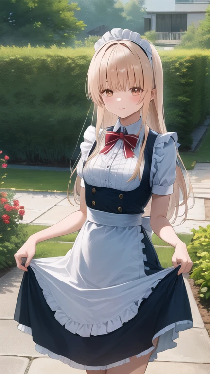 masterpiece, best quality, highres, aamahiru, long hair, small breasts, maid, maid headdress, apron, garden, skirt hold, standing