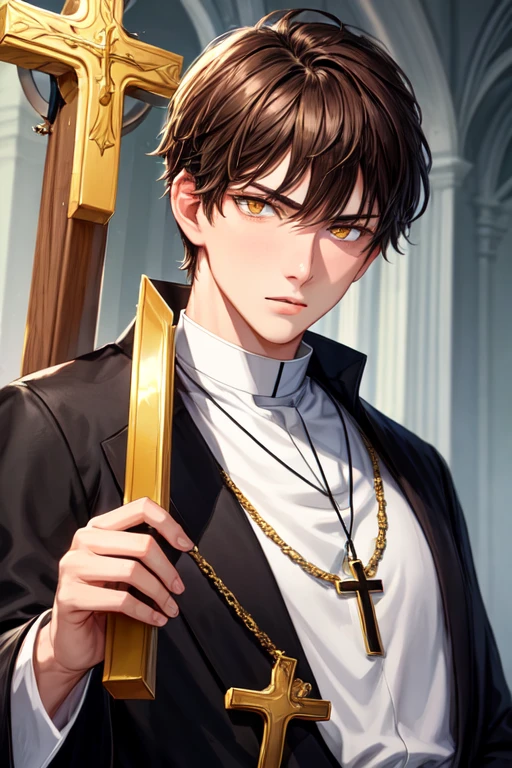 A priest with brown hair and yellow eyes in black evangelical priest clothes with a rosary and a tall and serious cross necklace and a boy he has no beard and a young man in front of the tele close up handsome