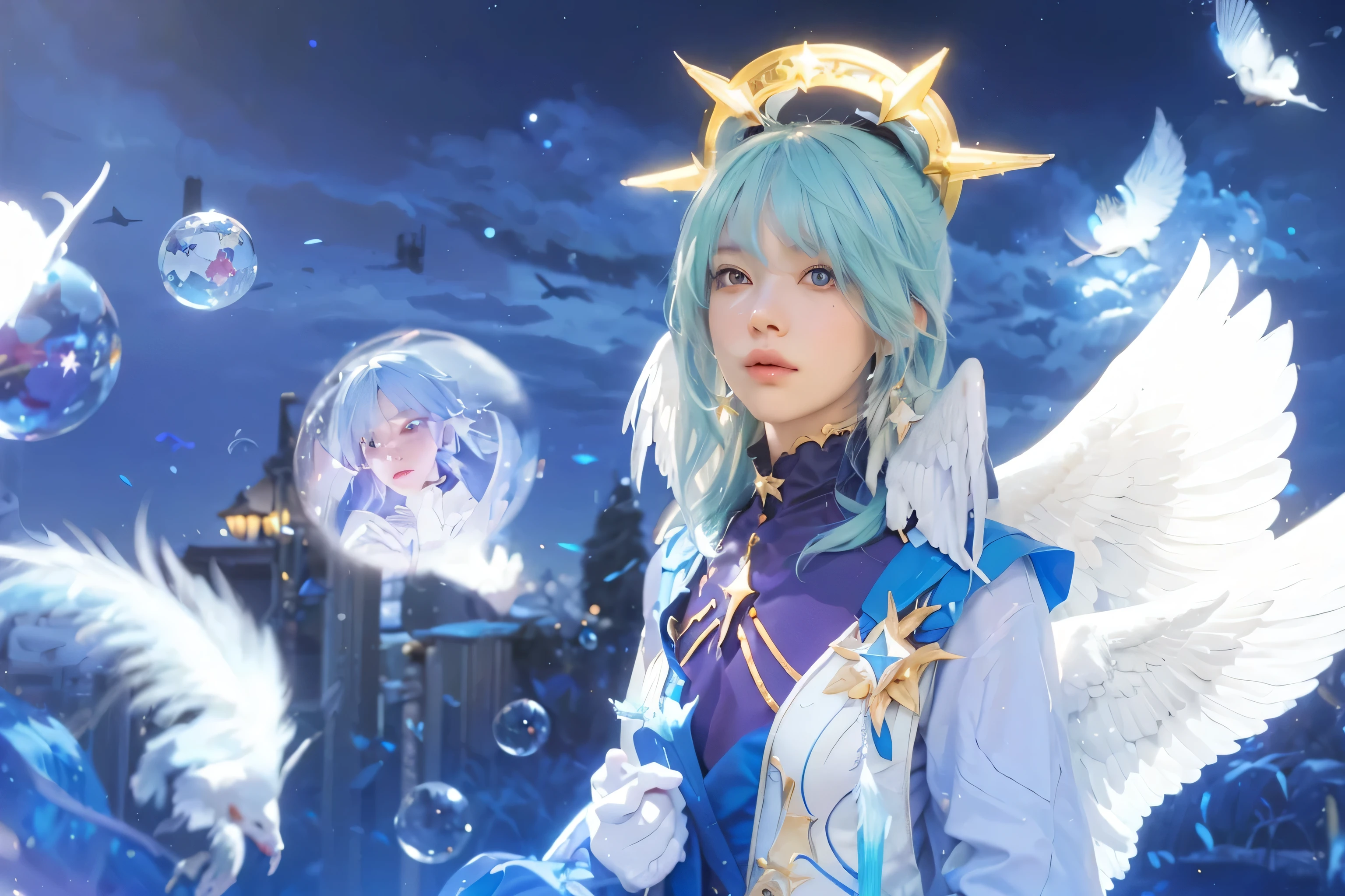 ((SUNDAY_HONKAI STAR RAIL)),((realistic, photorealistic)),(highlight hair)), Light reflection, (( HD )),((upper body)), (((best quality, masterpiece))), (masterpiece) (best quality) (detail) (8k) (HDR) (wallpaper) (cinematic lighting) (sharp focuasterpiece, best quality: 1.1), Real life adaption of this character,Handsome man , Shining green eyes, realistic outfit, realistic shadow, realistic light, realism, hyper realistic, realistic background,Realistic hair, realistic hair at the back,(photorealistic:1.2), 1man,Night Sky Background, PENACONY,, white bird wings foreground, bird wings ear earrings,Sunlight, falling bird feathers, motion blur, light,sunday_(honkai:_star_rail),head_wings,solo,(masterpiece, top quality, best quality, official art, and aesthetic:1.2),(8k, best quality, masterpiece:1.2), (((masterpiece))),(((best quality))),(((extremely detailed))),illustration, who, (masterpiece, top quality, best quality, official art, and aesthetic:1.2),(8k, best quality, masterpiece:1.2), ((masterpiece, best quality)), robin_(honkai:_star_rail),head_wings, sunday,1man,(blue hair:1.0), depth of field, look a viewers,sharp focus, cowboy shot, Aesthetic, cinematic Lightning,Dream bubbles, light particles, white bird wings,