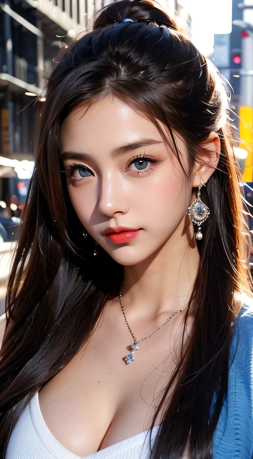 Urban beautiful girl college student, masterpiece, light makeup, Red lips, Silver Hair, Disheveled long hair, Street background, beautiful, elegant. Extremely fine detail, Master Works, Authentic texture, Realism in film lighting, Perfect job, 16k, High resolution, exquisite features,blue eyes、Japanese Idols、Beautiful face、Cute Smile、Brown Hair、beautiful hair、ponytail、glamorous、 Big Breasts、Erect nipples、Greasy muscles、Shiny skin、Sunburned skin、Glowing dark skin、Sexy knitted sweaters, Bright big eyes, Smooth Skin, Earrings, necklace, tattoo