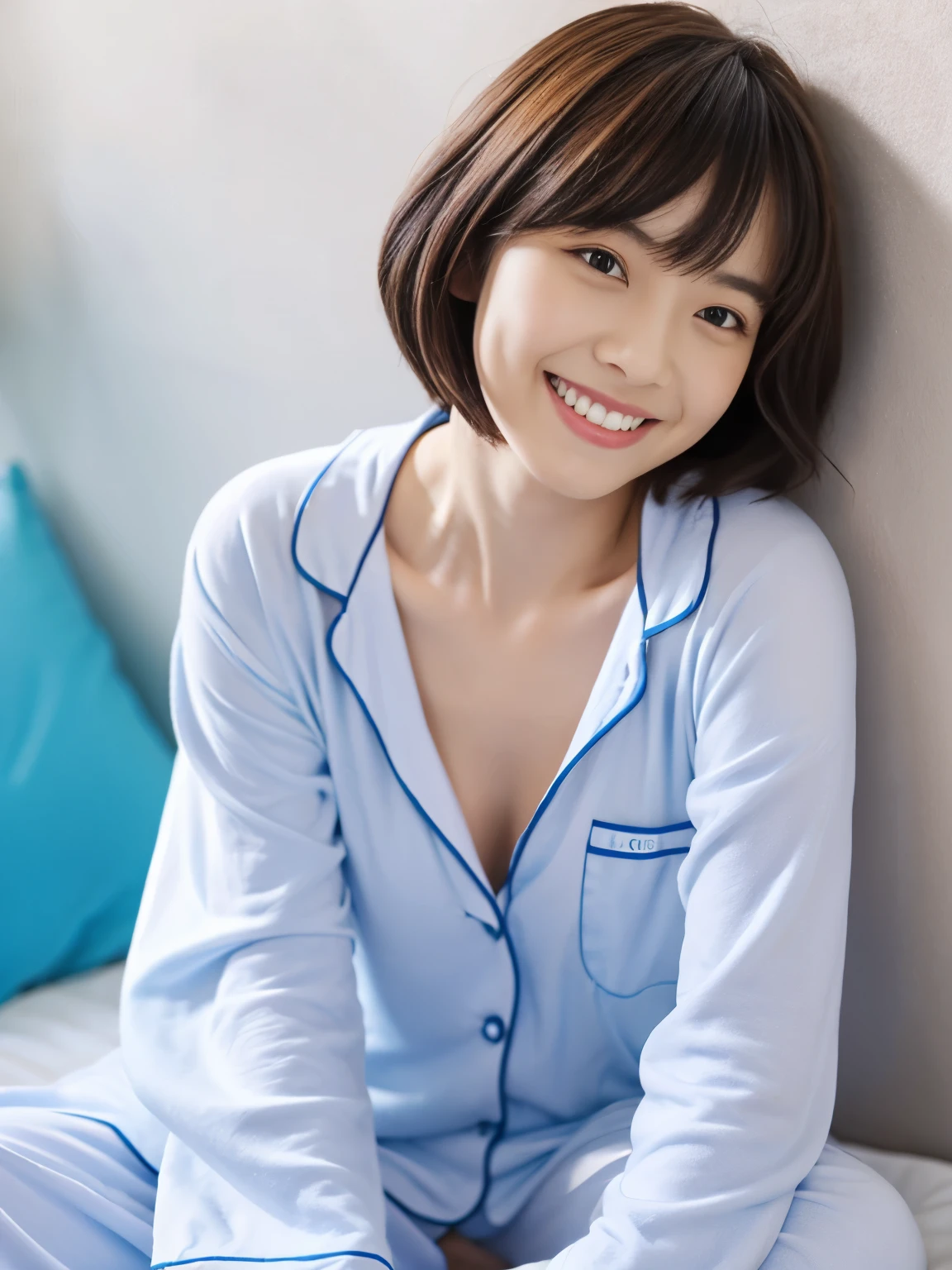 smile, pajamas , Lie down in bed , Bob Short Hair