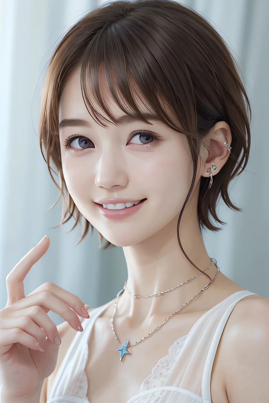 205 ((short hair)), 20-year-old female, In underwear、Dark eyeliner、 A refreshing smile、Beautiful teeth alignment、、Dark brown hair、ear piercing、Necklace around the neck、Looking into the camera
