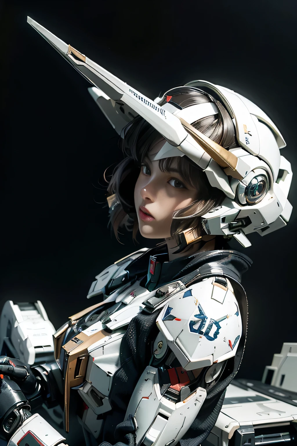 Textured skin, Super Detail, high details, High quality, Best Quality, hight resolution, 1080p, hard disk, a beauty、She wears a futuristic Gundam mecha(Gundam)