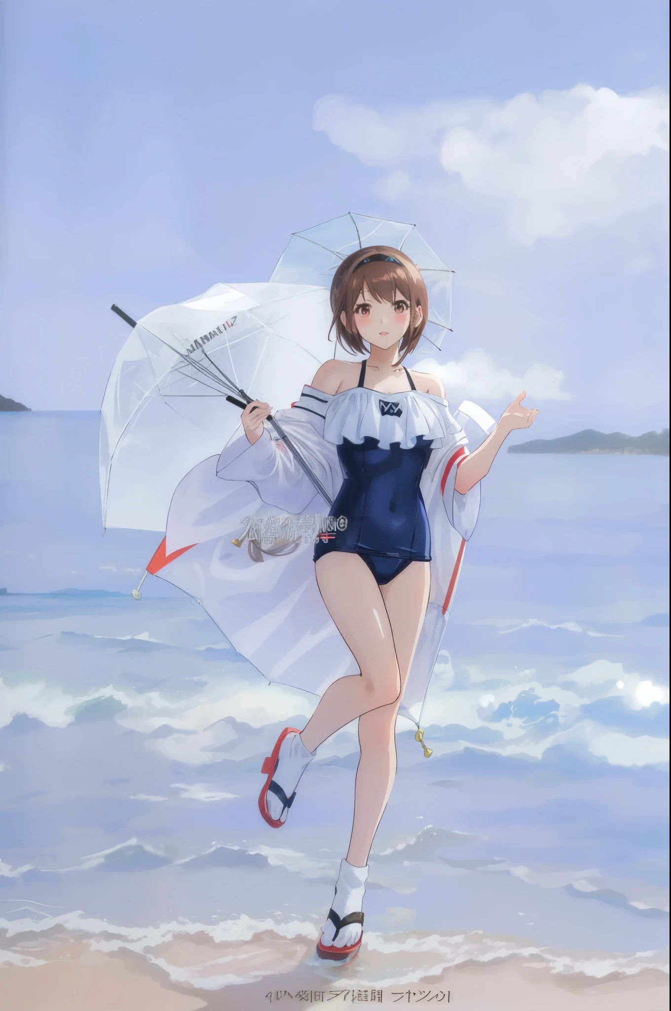 (brown hair swept bangs:1.3), there is a woman in a bathing suit holding a umbrella, anime girl cosplay, is wearing a swimsuit, anime cosplay, yoko taro, kantai collection style, anime girl walking on water, monokini, cosplay, anime character; full body art, shikamimi, full-cosplay, rem rezero, cosplay photo, professional cosplay, anime woman fullbody art, swimsuit