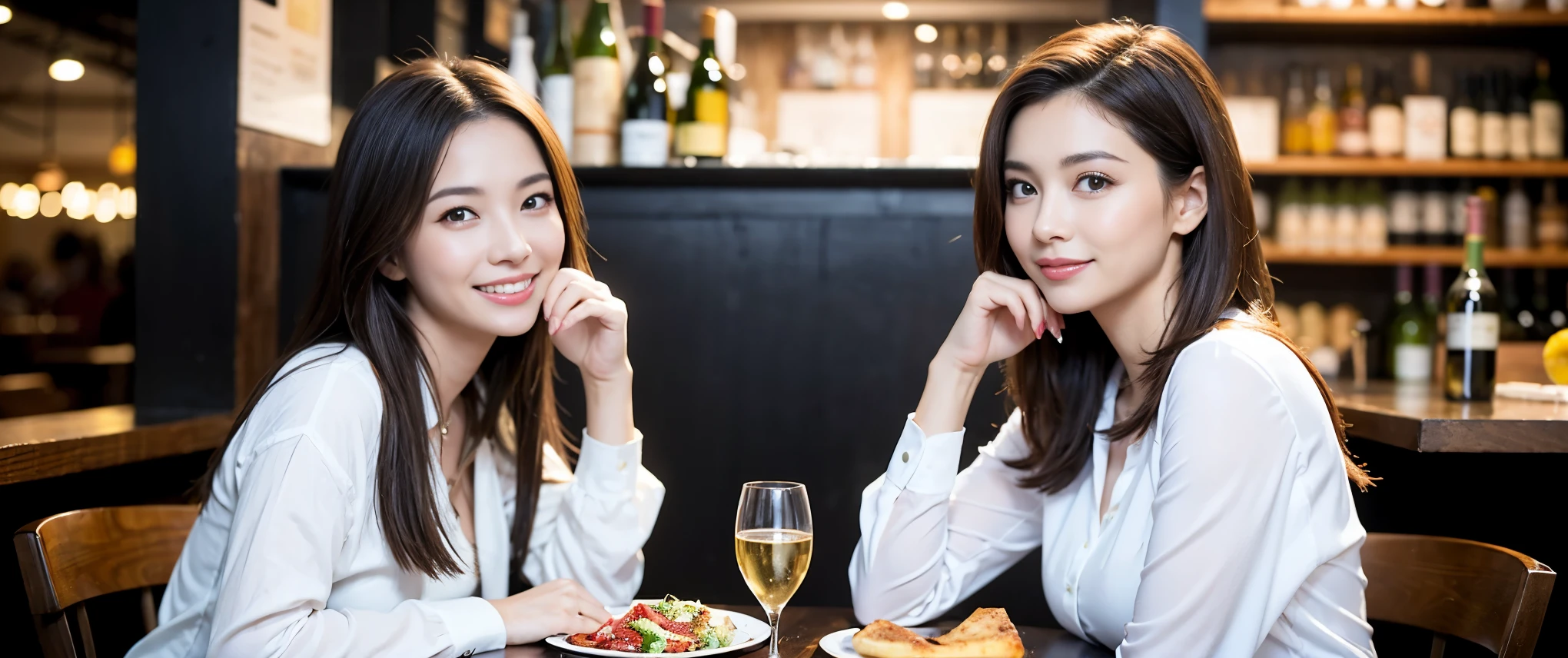 ((highest quality、8k、masterpiece:1.3))、1 male、1 female、Couple、spouse、Couple、Slim body、((Bob Hale、Straight hair:1.2)), (Realistic, Intricate details:1.2), Wine glass on the table、Shine light on your face、 Amazing view of the sunset sky and clouds、Amazing mountain views、A bright smile、The wonderfulness of smile、Bright image、The beauty of wine, Beautiful Face, blue eyes, The light shines on your face, Blushing, short hair,Bright Face、 (Age 37), 39 years old, red wine 、Appetizers、Italian food、Wine bottle、Champagne、sparkling wine、Two beauties、Brown Hair、Shortcuts、Long sleeve shirt、dress、Pretty Woman 1, (Slim face), (The body is slim), (Brown Hair), (Shortcuts), cheeks turn a little red,Attractive beauty、restaurant, In a prominent place (From the waist up) Nova Frog Style, actress, model, Upper Body, White wine, slim, wine glass, Wine glass placed in the center, smile, (smile: 1.15), Beautiful fine grain, Depth f/2,saturation, High Contrast, Strong light and shadow,Moist Body:1.5、3D texture、Delicate eyes、Brown Hair、The hair is very shiny、