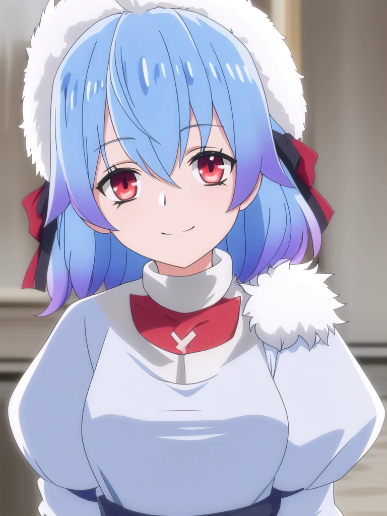 ((Best quality))),((Ultra-detailed)),((illustration)),((Disheveled hair)),((frilld)),(1 girl),(Solo),1girl,closed_mouth,looking_at_viewer,solo,rating:safe,arms_behind_back,bangs,black_bow,blush,bow,clothing,dress,eyebrows_visible_through_hair,female,female_only,fur_hat,hair_flaps,hat,head_tilt,headwear,long_hair,long_sleeves,sidelocks,smile,short_hair,
blue_hair,red_eyes,