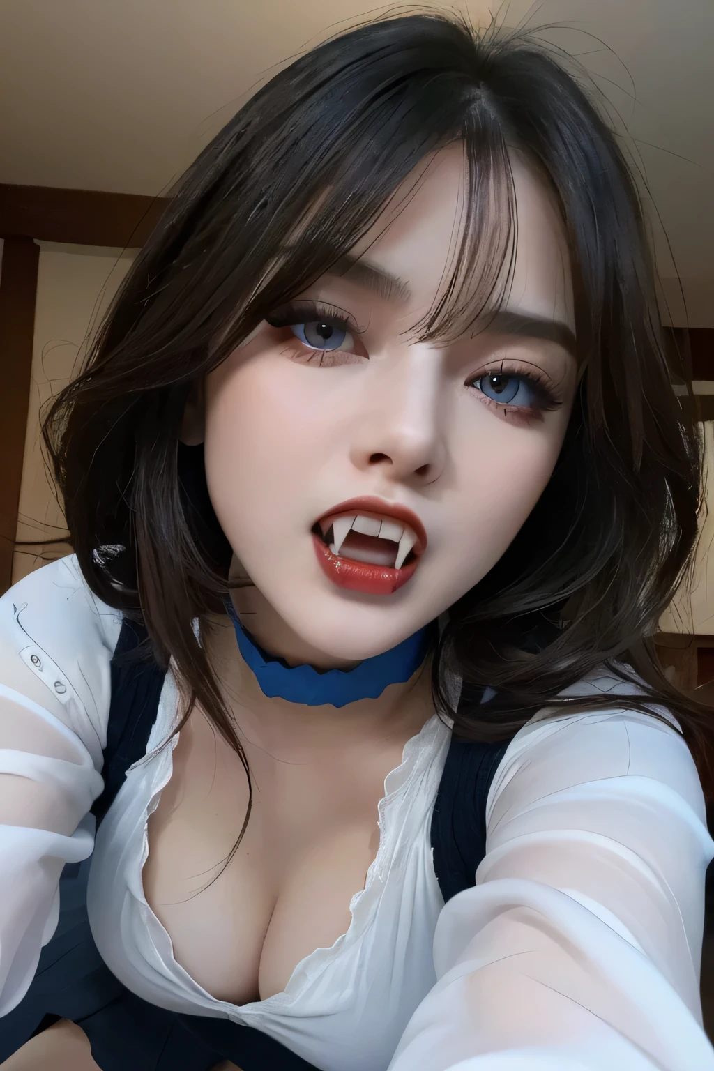 (highest quality, masterpiece:1.3), (Very detailed), RAW shooting, Very detailed, High resolution, Human skin close-up, The skin texture is natural, It must be detailed enough to be easily identifiable, Skin should look healthy and have an even tone, Use natural light and color, ((Dark blue jacket、White shirt、mini skirt)), ((Mountain, blue sky, The body is slim)), 1 girl, 18-year-old, Long Hair, smile, Turn your body forward, (View from the front:1.1), Looking into the camera, Brown Hair, ((Black choker)), Very long eyelashes, blue eyes, bangs, (Outdoor, blue sky), Big Breasts, Red lips、Double teeth、((Vampire Fangs)), Fantasy, Open your mouth