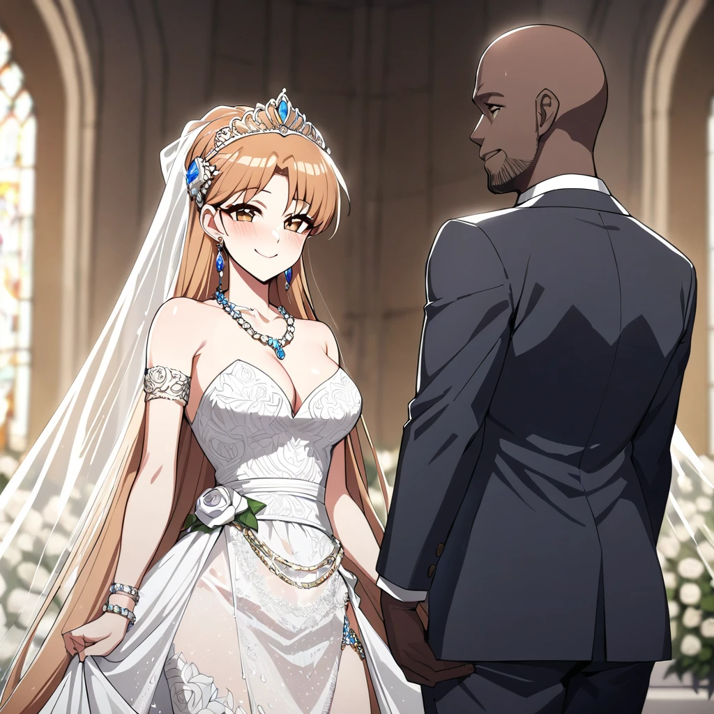 ((highest quality)), ((masterpiece)), (detailed), （Perfect Face）、（The woman is Princess Leona, with long light brown hair and a happy smile, and is getting married to a burly black man in a fancy church.、The woman is wearing a gorgeous jeweled wedding dress, a wedding veil, a gorgeous jeweled wedding dress skirt, an engagement ring, a gold jeweled tiara, a gorgeous head dress chain, a gorgeous jeweled necklace, gorgeous earrings, gorgeous bracelets, gorgeous ankle bracelets, a gorgeous jeweled waist chain, and an engagement ring.）