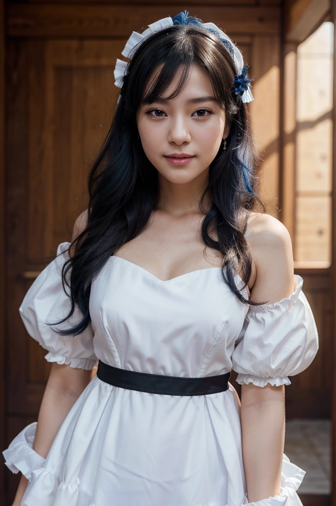 korean,realistic, masterpiece, final detail, photo realistic, intricate detail, octane rendering, 8K, 1Girl, full bodyperfect face, beautiful face, NSWF, trough reference, detail hair,, black bow, black gloves, black legs, blue eyes, blue hair, bow, collarbone, dress, drill hair, ruffles, ruffles, gloves, gwen, headdress, highres, long hair, parted lips, puffy sleeves, purple eyes, smile, solo, white dress, oil skin,
