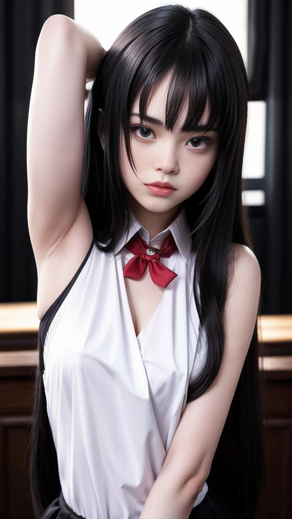 pretty, young, girl, long hair, black hair, red eyes, bangs, dark shirt, sleeveless, white collar, red tie, small breast, black gloves, black skirt, upper body, white skin, 18 year old, beauty, 1 girl, intimidating, look put hands behind head, armpits, armpits visible,