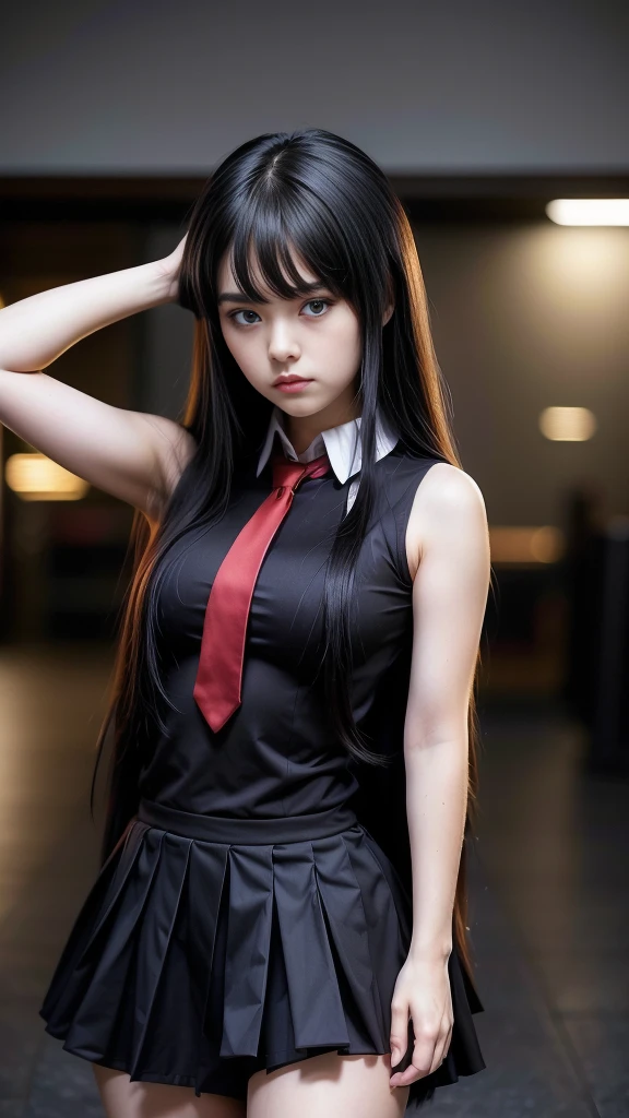 pretty, young, girl, long hair, black hair, red eyes, bangs, dark shirt, sleeveless, white collar, red tie, small breast, black gloves, black skirt, upper body, white skin, 18 year old, beauty, 1 girl, intimidating, look put hands behind head, armpits, armpits visible,