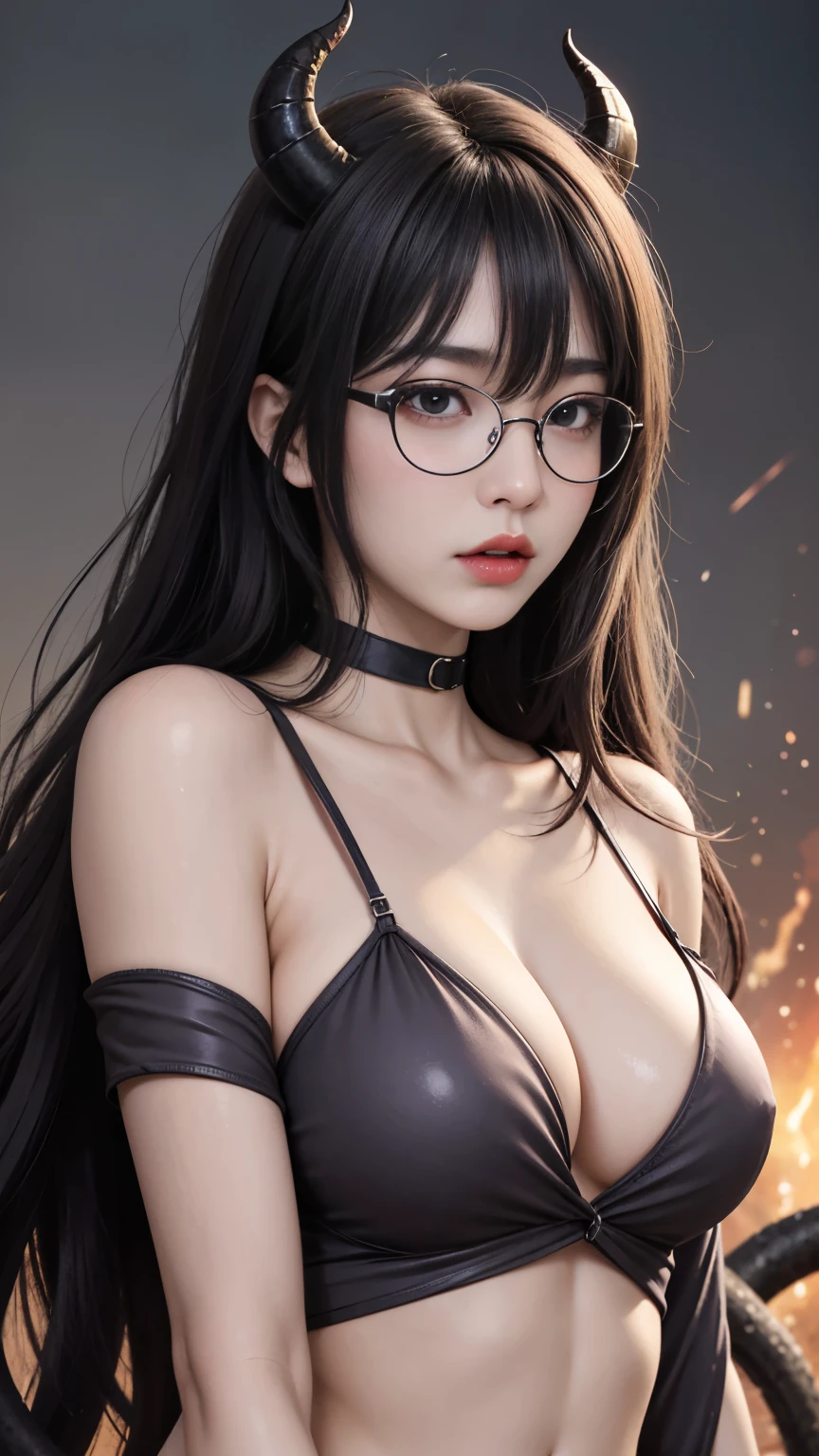 background(Black Night Sky,Big Moon),Woman close up,Wearing a white shirt、Purple Hair,Very long hair,very thick braids,Purple eyes,big 、((((Glasses))))、realistic girl rendering, 8k artistic german bokeh, Enchanting girl, Realistic girl, Gurwitz, Gurwitz-style artwork, Girl Roleplay, Realistic 3D style, cgstation Popular Topics,, 8K Portrait Rendering,(truth,truth:1.4),Wear pink pajamas,巨big ,Sparkling eyes,Purple eyes、(highest quality,4K,8k,High resolution,masterpiece:1.2),Very detailed,(Realistic,photoRealistic,photo-Realistic:1.37),Mythical monster,Beast-like creature,Muscular,Six big legs,Stand like a gorilla,Red fur covering the body,two big horns,Drill teeth,Sharp Claws,Huge shape,Burning Fire Magic,Energy aura,A threatening presence,Glowing Eyes,Intimidating posture,dark environment,Smoke-filled air,Ominous Shadow,Majestic and fierce,Explosive power,Vibrant colors,bold,Horror art style,Moving configuration,Dramatic lighting,Rib Layer,large sharp teeth,Sharp Edges,Very detailedスケール,Burning Crack,Burning Flames,Furious look,Burning with anger,Surrounded by sparks and embers), Scared, dark, spooky, Underwater mist liquid swirling cavity, highest quality, Front view, Satanic, 18 year old asian girl、Liu Wen, Shaved eyebrows, With big black ram horn, , A large snake with slimy tentacles wrapped around its shoulders. Moody and dramatic lighting, Lang Yun, storm, lightning, Smoke and Fog Environment, Fuzzy smoke background, Wide-angle shot, Wide-angle shot, elevation, Extreme angle shot, Vignette, Unrealistic Nightmare,
