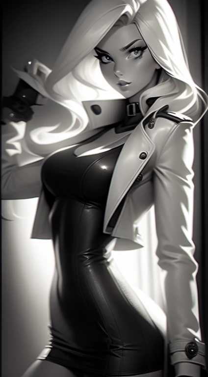 Beautiful 20yr old girl, blonde, detailed, toned body, femme fatale, surprise expression, Noir et blanc, monochrome, looking at viewer, short dress, trench coat