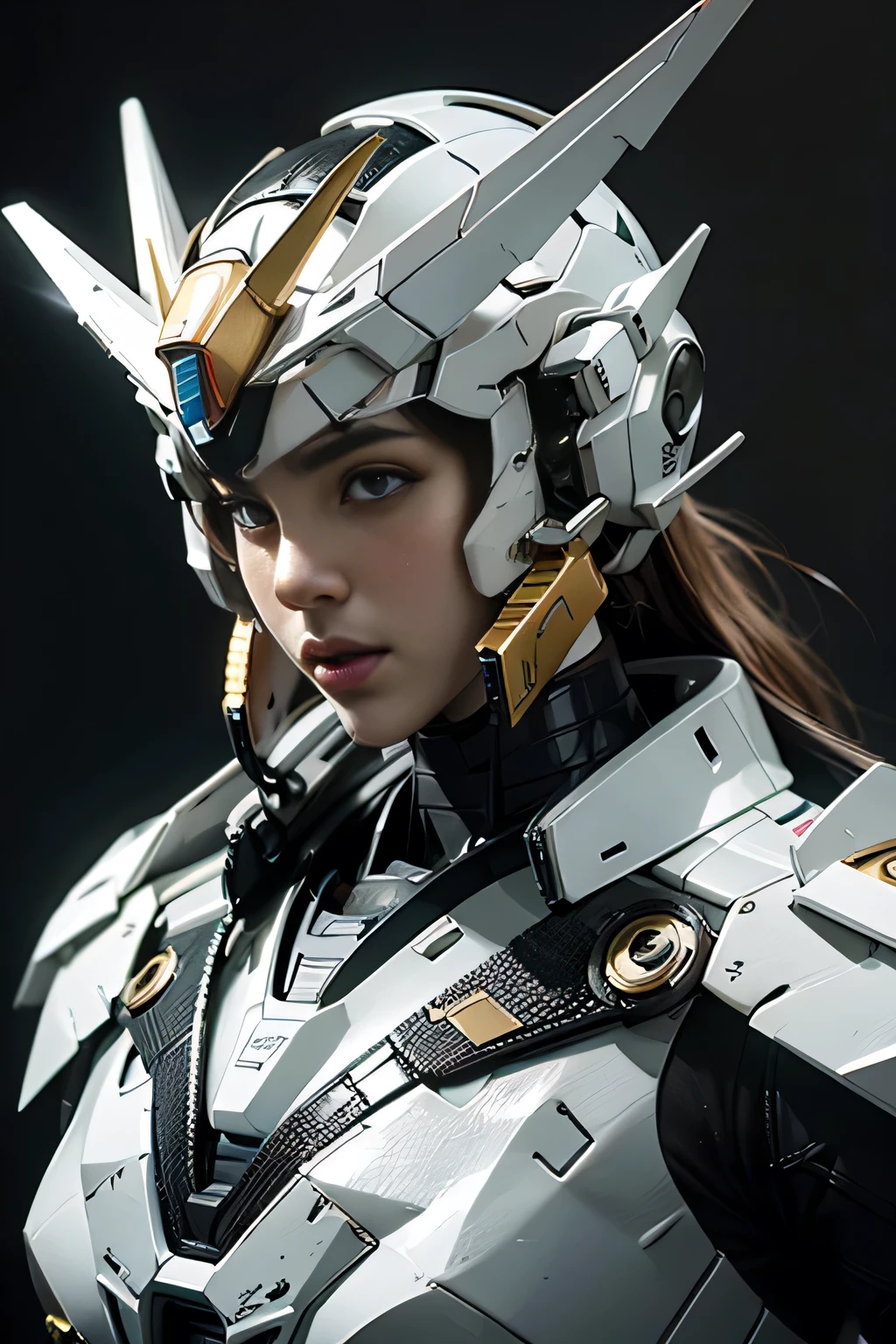 Textured skin, Super Detail, high details, High quality, Best Quality, hight resolution, 1080p, hard disk, a beauty、She wears a futuristic Gundam mecha(Gundam)