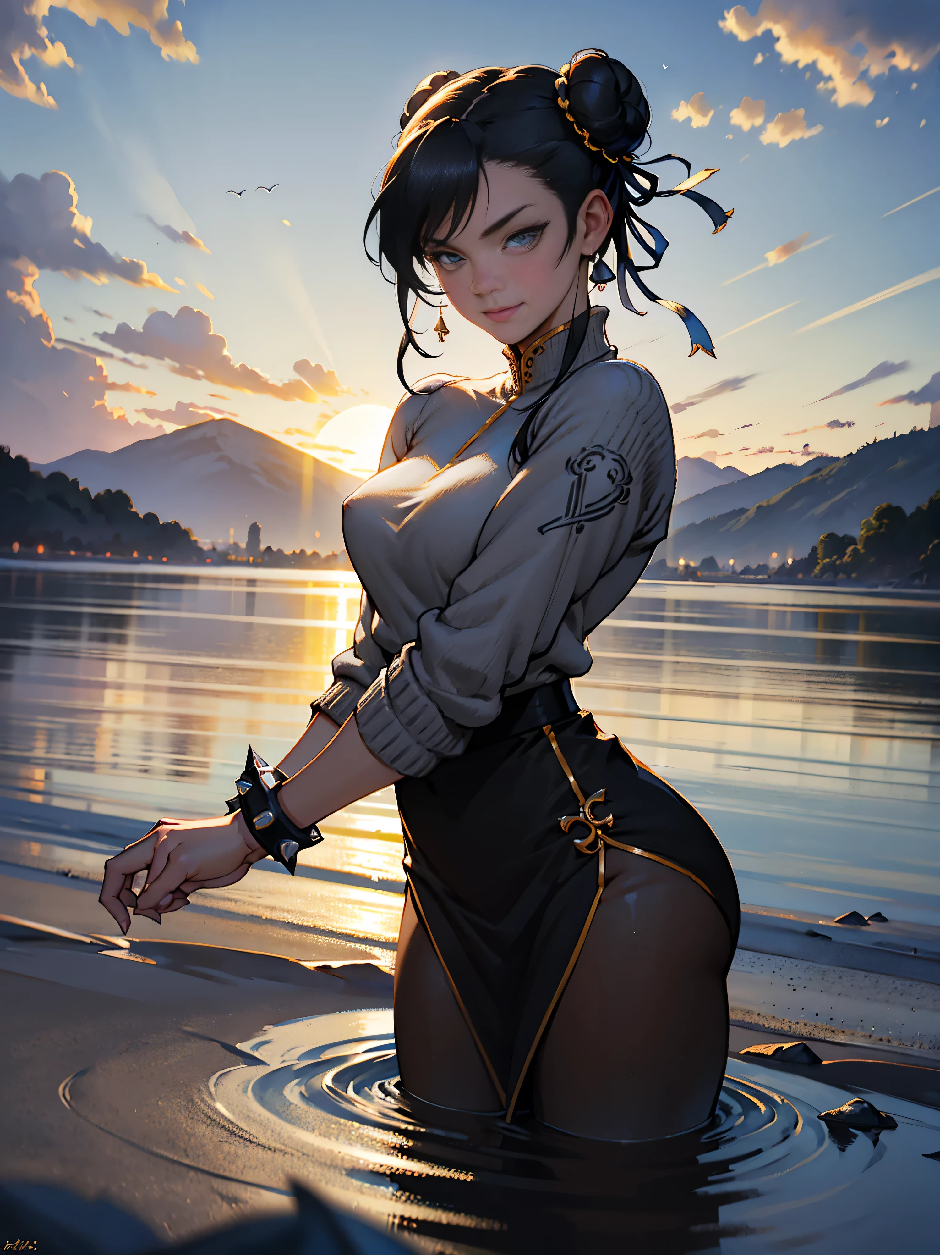 ropa azul,solo, low lighting, obra maestra de chunli, mejor calidad, agrias, grey sweater, leotardo negro, de pie, mirando al espectador, pelo negro,enojado,sonrisa,Atardecer,lago, Reflejo en el agua, por do sol