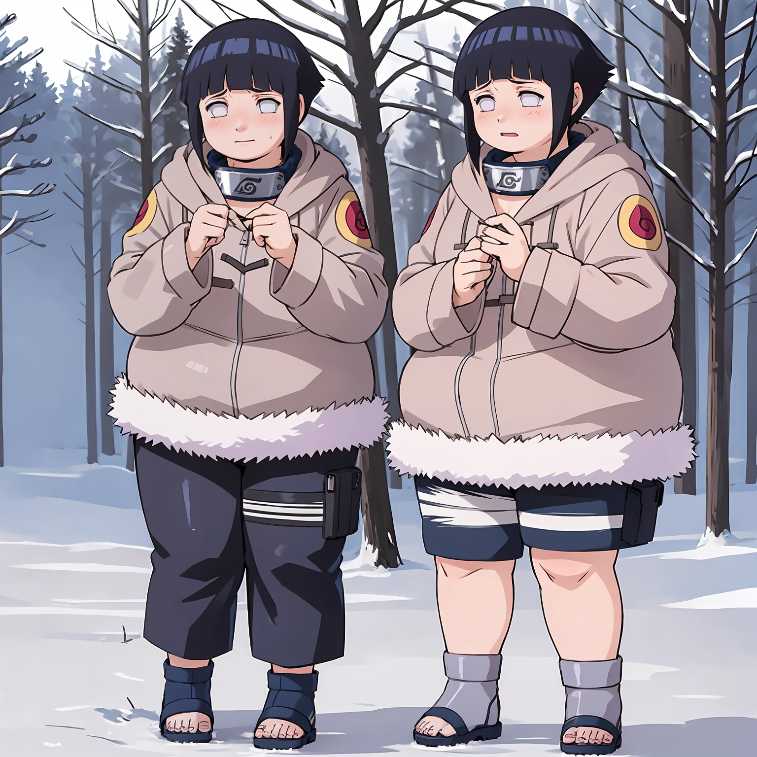 standing, shy, blush, obese hyuuga hinata, 1girl, black hair, white eyes, no pupils, jacket, coat, forehead protector, fur trim, konohagakure symbol, long sleeves, pant, sandals, snowing, ultra detailed, masterpiece, best quality, aesthetic, detailed,