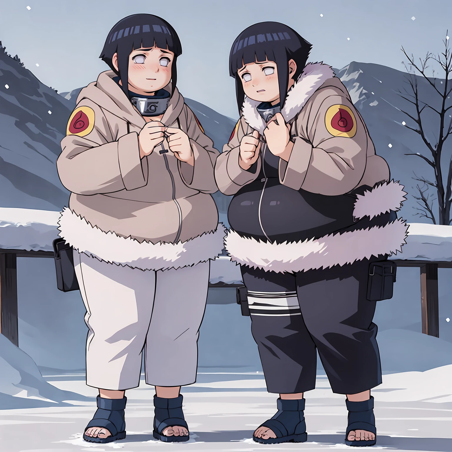 standing, shy, blush, obese hyuuga hinata, 1girl, black hair, white eyes, no pupils, jacket, coat, forehead protector, fur trim, konohagakure symbol, long sleeves, pant, sandals, snowing, ultra detailed, masterpiece, best quality, aesthetic, detailed,