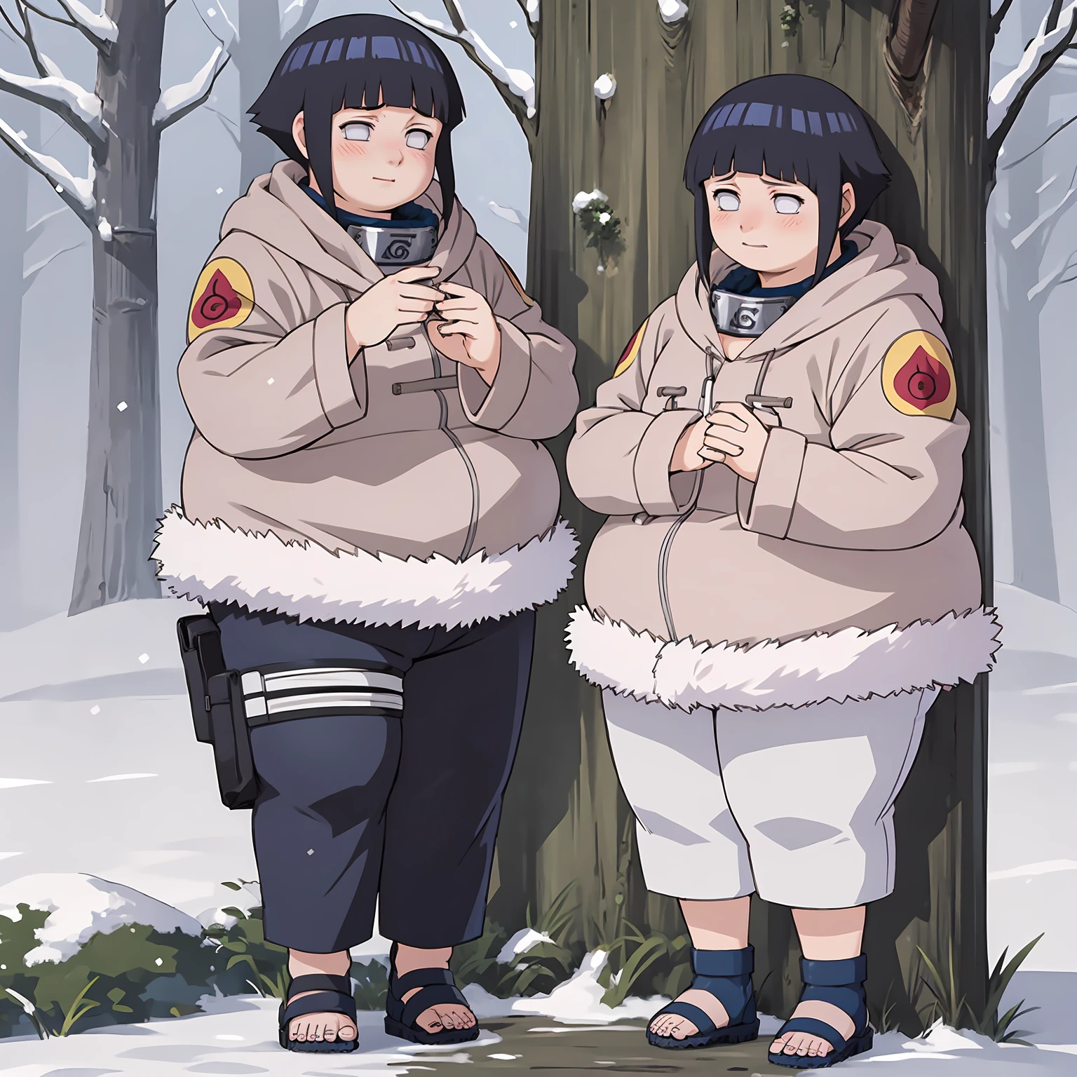standing, shy, blush, obese hyuuga hinata, 1girl, black hair, white eyes, no pupils, jacket, coat, forehead protector, fur trim, konohagakure symbol, long sleeves, pant, sandals, snowing, ultra detailed, masterpiece, best quality, aesthetic, detailed,