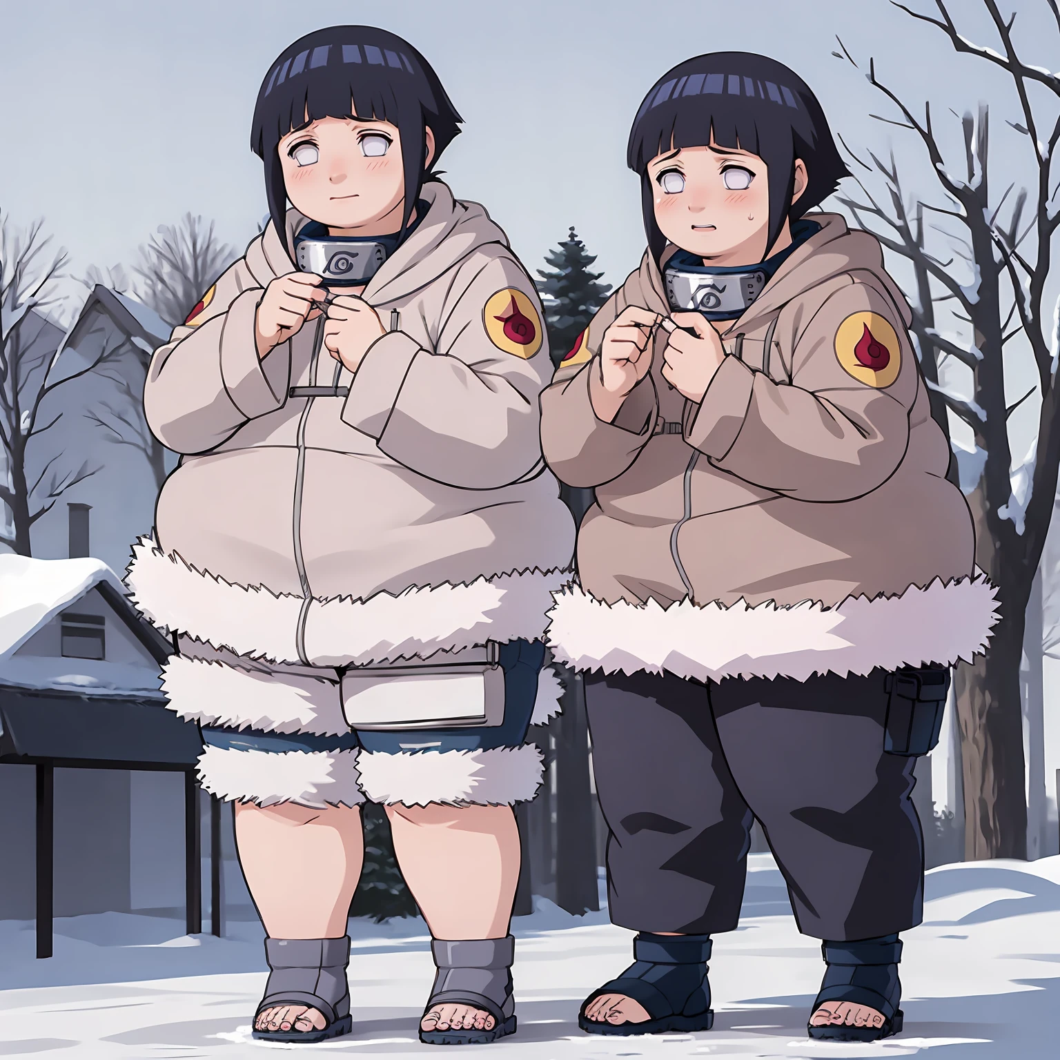 standing, shy, blush, obese hyuuga hinata, 1girl, black hair, white eyes, no pupils, jacket, coat, forehead protector, fur trim, konohagakure symbol, long sleeves, pant, sandals, snowing, ultra detailed, masterpiece, best quality, aesthetic, detailed,