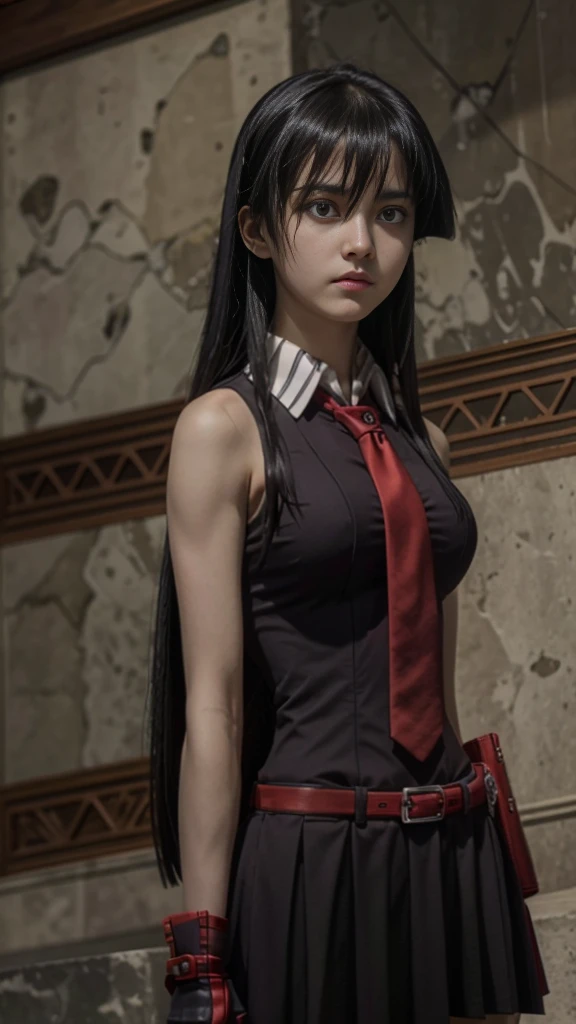 pretty, young, girl, long hair, black hair, red eyes, bangs, dark shirt, sleeveless, white collar, red tie, small breast, black gloves, black skirt, upper body, white skin, 18 year old, beauty, 1 girl, intimidating, look put hands behind head, armpits, armpits visible,