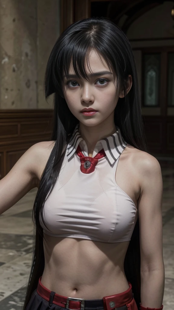 pretty, young, girl, long hair, black hair, red eyes, bangs, dark shirt, sleeveless, white collar, red tie, small breast, black gloves, black skirt, upper body, white skin, 18 year old, beauty, 1 girl, intimidating, look put hands behind head, armpits, armpits visible,