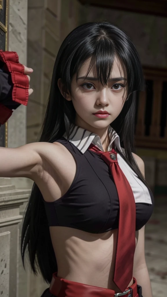 pretty, young, girl, long hair, black hair, red eyes, bangs, dark shirt, sleeveless, white collar, red tie, small breast, black gloves, black skirt, upper body, white skin, 18 year old, beauty, 1 girl, intimidating, look put hands behind head, armpits, armpits visible,