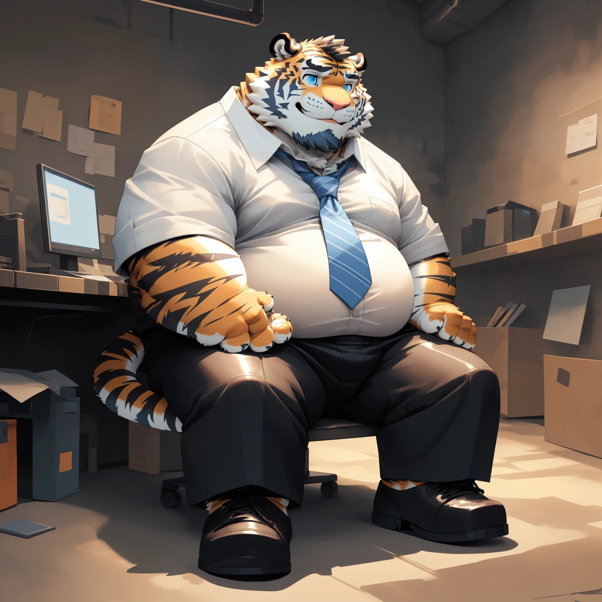 New Jersey 5 Furry,Tiger,Solitary,Chubby,Fat,Thick arms,Rugged muscles,shorts,orange Plush fur,Chubby Face,Black eyebrows,Sky blue eyes,Beard,(Gloomy basement),(White shirt，tie,Pants，leather shoes),(Fold both hands),(smiles),(office),(sitting down)