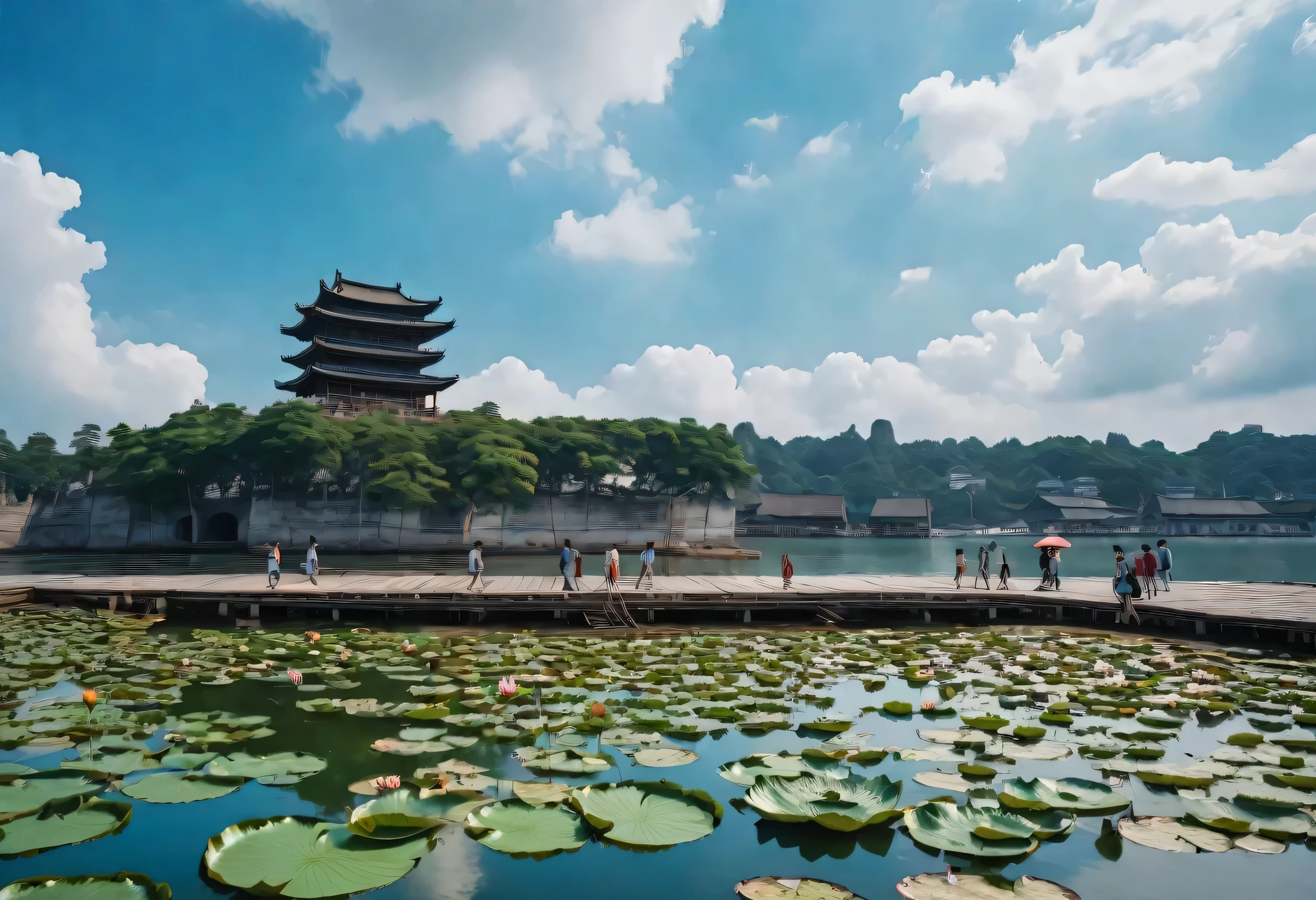 Landscape photography，Left attic，People walking on the pier，Flat viewing angle，Ancient buildings，photography，Blue sky and white clouds，8K，RAW，masterpiece，Photography，Lotus Pond，Water Lily，Lotus，Lotus Leaf