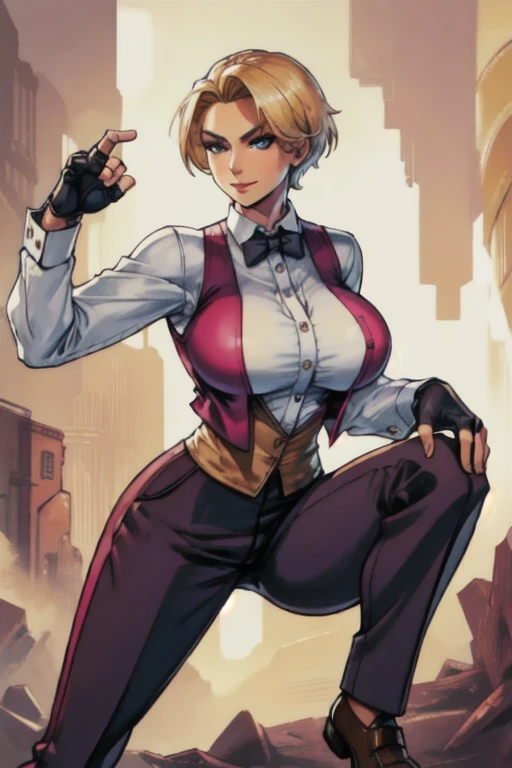 (masterpiece, best quality, ultra detailed)1.5, 1girl, solo, (sexy, beautiful woman, perfect face, perfect eyes, perfect female body)1.5, (kingms, button-up shirt, vest, pants, dress shoes, fingerless gloves, bowtie, short blonde hair, ), (fighting stance in an arena), (large breasts:1.5), perfect lighting, smooth, hdr, 8k resolution