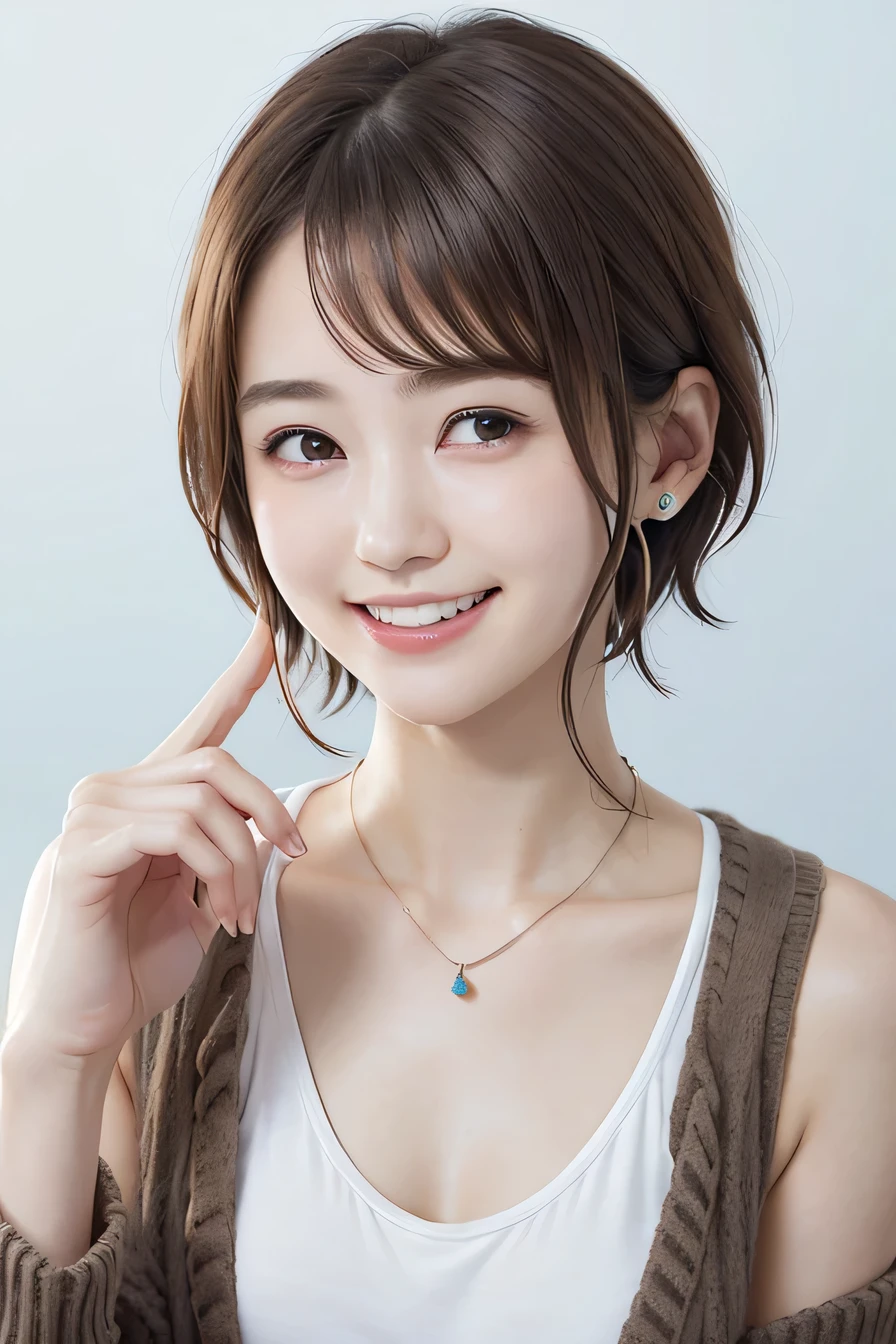 205 ((short hair)), 20-year-old female, In underwear、Put a cardigan over your shoulders、 A refreshing smile、Beautiful teeth alignment、Mask on mouth、Dark brown hair、ear piercing、Necklace around the neck、Looking into the camera