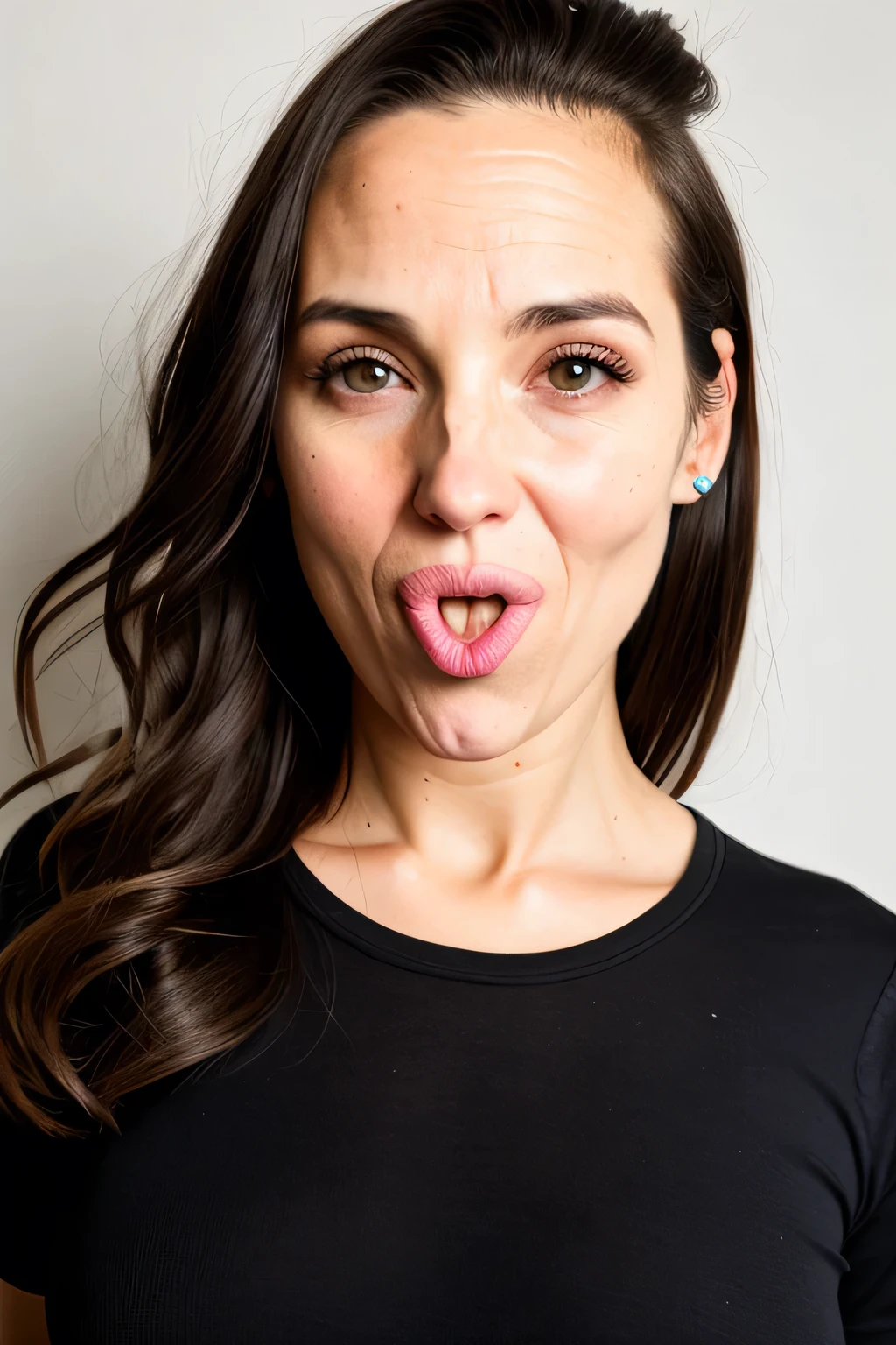 30 year old woman with quirky and funny face. Face with marks and expression of good humor. Posicionada de frente

