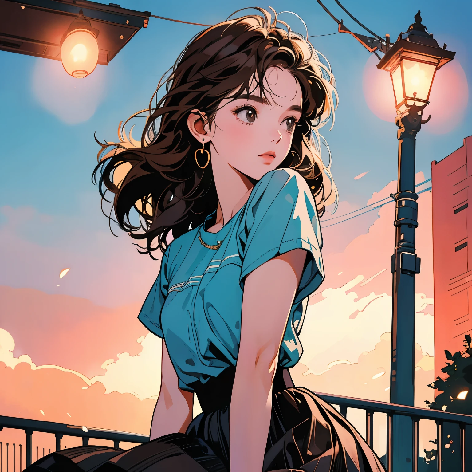 whole body、Kind Face、1 pretty woman、Short sleeve、skirt、stage、Street lamp 、Complex background、Brown Hair、Faint lighting