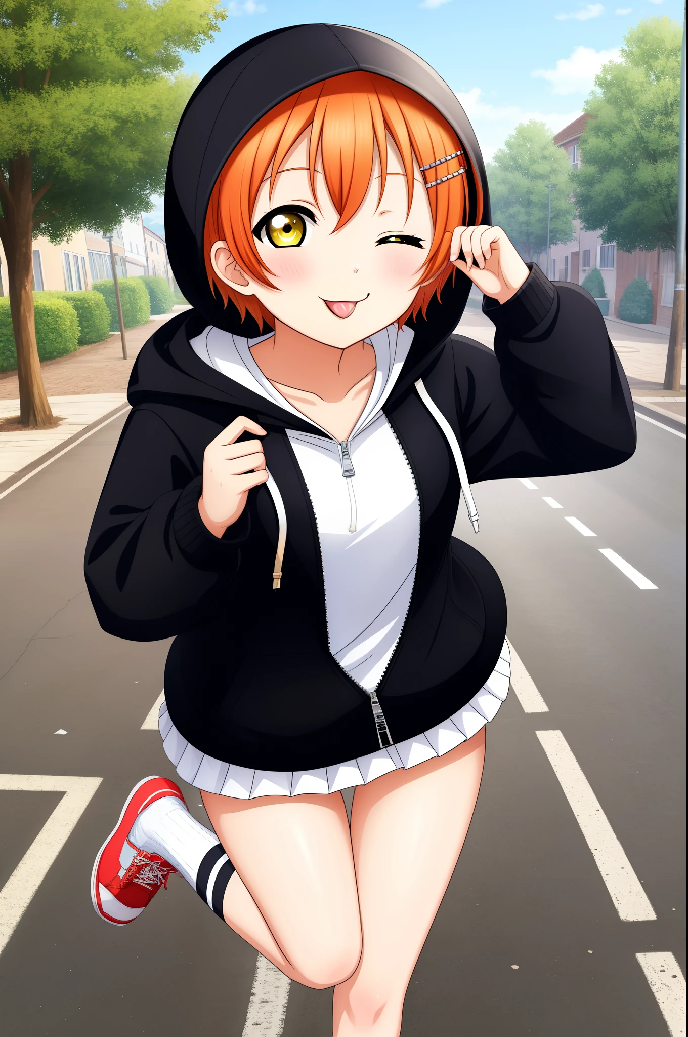 Masterpiece, best quality, Hoshizora rin, orange hair, yellow eye,one eye closed,solo, looking_at_viewer, blush, smile, short_hair, open_mouth, long_sleeves, standing, collarbone, yellow_eyes, hair ornaments, ;p, village street, hood, bare_legs, hoodie, standing_on_one_leg, hood_down, zipper, naked_hoodie, thighs, bottomless , shoes, socks 