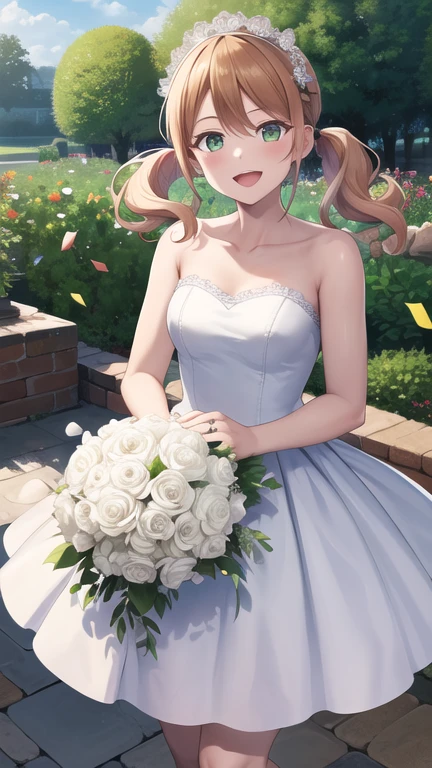 masterpiece, best quality, highres, 1girl, solo, blonde hair, low twintails, green eyes, wedding dress, strapless, smile, open mouth, holding bouquet, standing, cowboy shot, garden, confetti,