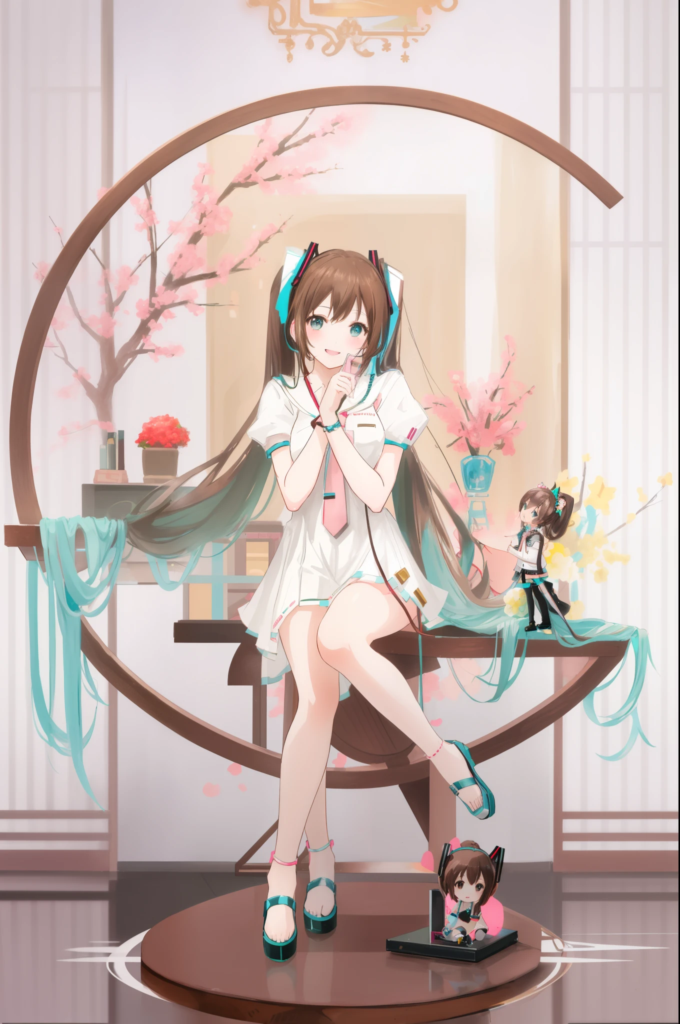 (brown hair swept bangs:1.3), a close up of a statue of a woman sitting on a table, mikudayo, anime figurine, hatsune miku, anime figure, pop up parade figure, portrait of hatsune miku, miku, good smile company anime style, vocaloid, good smile company fantasy, full body 1 / 6 nihei tsutomu, rin, hatsune miku portrait