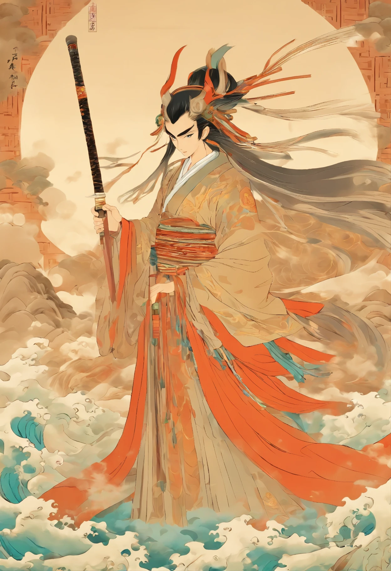 Chinese painting，Izanagi,man，spear,Hanfu,Japanese Mythology，artistic conception，Dunhuang Murals，Very high definition，Ultra-high resolution，8K