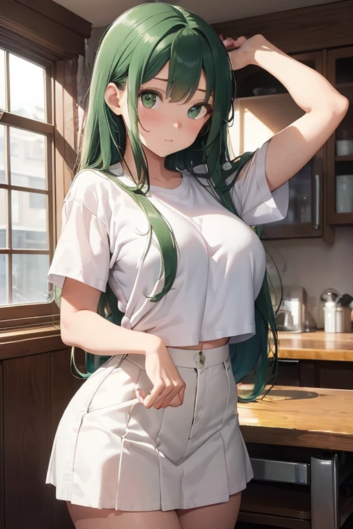 /(Girl),(anime),(young),(pretty),(super hot),(white skin color),(green eyes and long green hair),(Super beautiful), (structured body), (slender body), (parts of the body with super large and super hypersexual ass and breasts), (super mega large breasts),(18 year old woman), (with super mega large breasts),(Dress),+,(a super tight pencil style denim skirt and a super sensual white t-shirt),+,(And she is lifting her jeans skirt at the back showing her panties at the back)