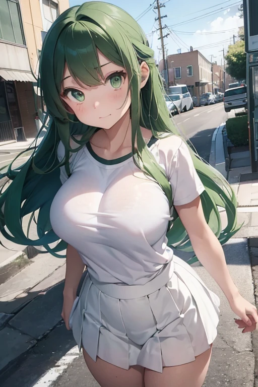 /(girl),(18 years old, mature and large body and sexual),(long green hair and green eyes),(height 1.67cm),(white skin color),(beautiful young woman),(12 year old childlike appearance),(super busty with super big breasts practically popping out of her clothes),(super big ass),(Wearing),+,(white t-shirt and a short denim skirt, her clothes were modest and simple, more sexual)