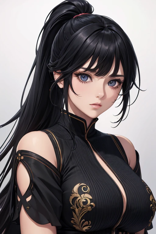 woman, ponytail, long hair, black hair, multicoloured hair, bangs, solo, (masterpiece:1.0), (best quality:1.0), (8k wallpaper:1.0), extremely delicate and beautiful, (beautiful detailed face:1.0), (detailed deep eyes), symmetrical breasts, deep eyes,