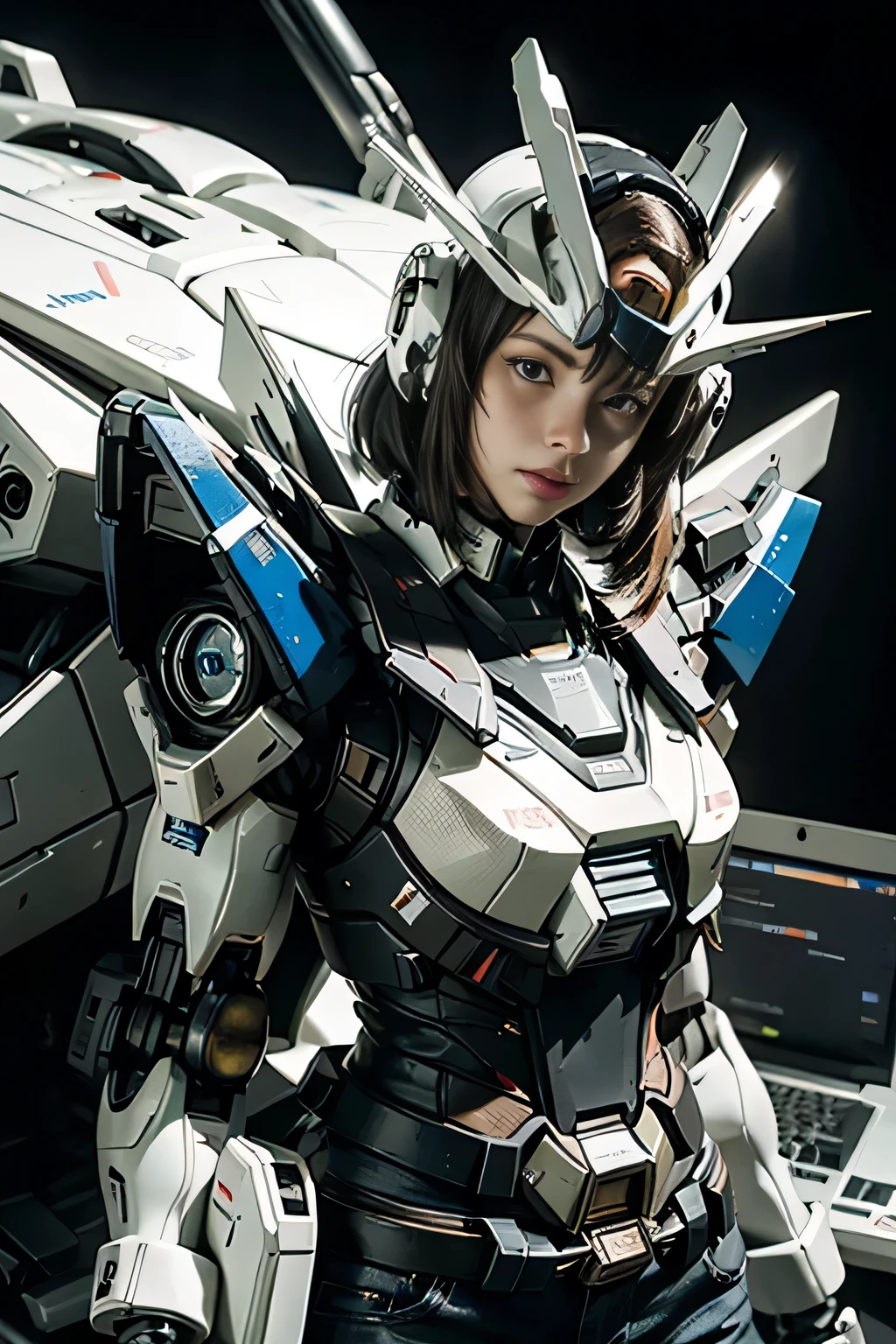 Textured skin, Super Detail, high details, High quality, Best Quality, hight resolution, 1080p, hard disk, a beauty、She wears a futuristic Gundam mecha(Gundam)