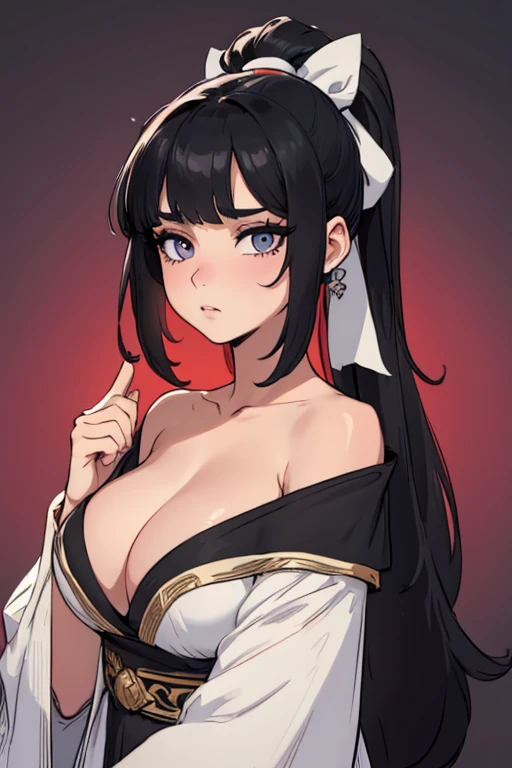 woman, ponytail, long hair, black hair, multicoloured hair, bangs, solo, (masterpiece:1.0), (best quality:1.0), (8k wallpaper:1.0), extremely delicate and beautiful, (beautiful detailed face:1.0), (detailed deep eyes), symmetrical breasts, deep eyes,